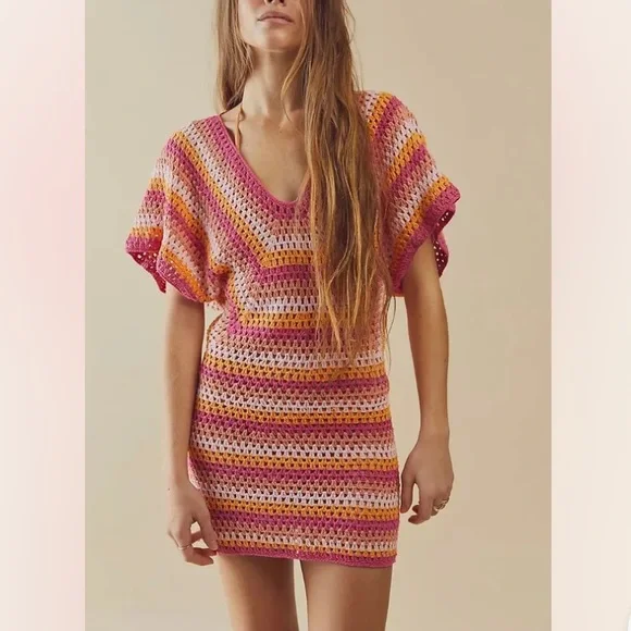 Flook x Free People Eden XS & Med Pink Striped Crochet Handmade Knit Cover-Up
